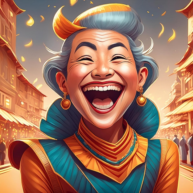 Foto een cartoon van een vrouw die lacht in een stad met een glimlach op haar gezicht