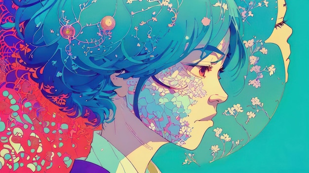 Een cartoon van een vrouw met blauw haar en een bloemenpatroon op haar gezicht.