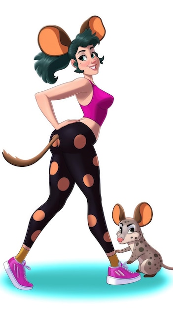 Een cartoon van een vrouw met een muis naast haar.