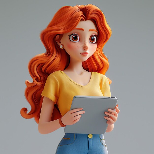 Foto een cartoon van een vrouw met rood haar die een tablet vasthoudt