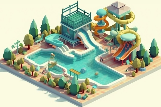 Een cartoon van een waterpark met een waterpark en een glijbaan.