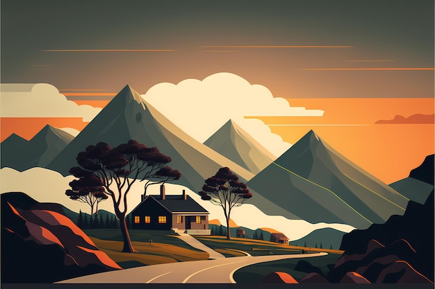 Een cartoon van een weg met bergen op de achtergrond.