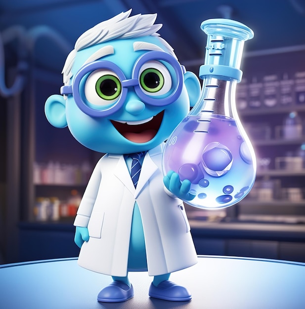een cartoon van een wetenschapper met een fles vloeistof in zijn hand.