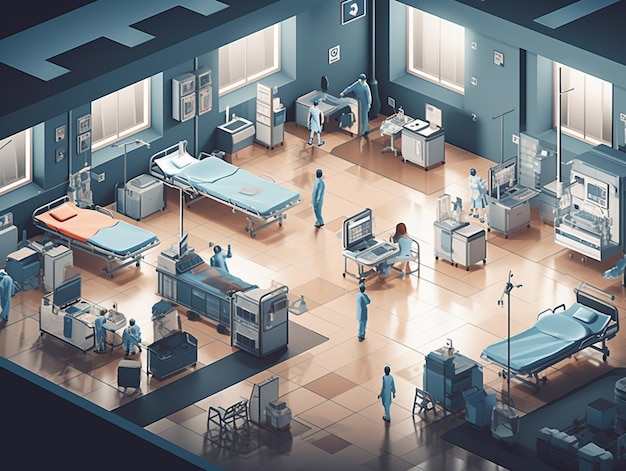Een cartoon van een ziekenhuiskamer met een ziekenhuisbed en een ziekenhuisbed.