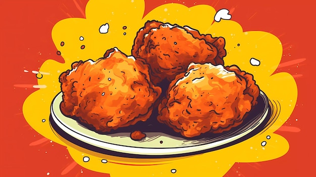 Een cartoon van gebakken kip op een bord