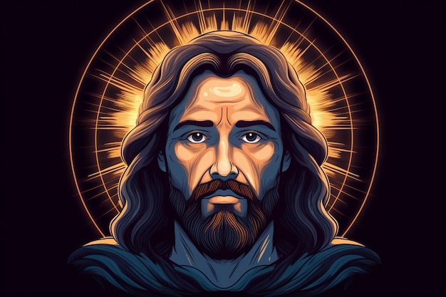 Een cartoon van Jezus met een aureool rond zijn gezicht