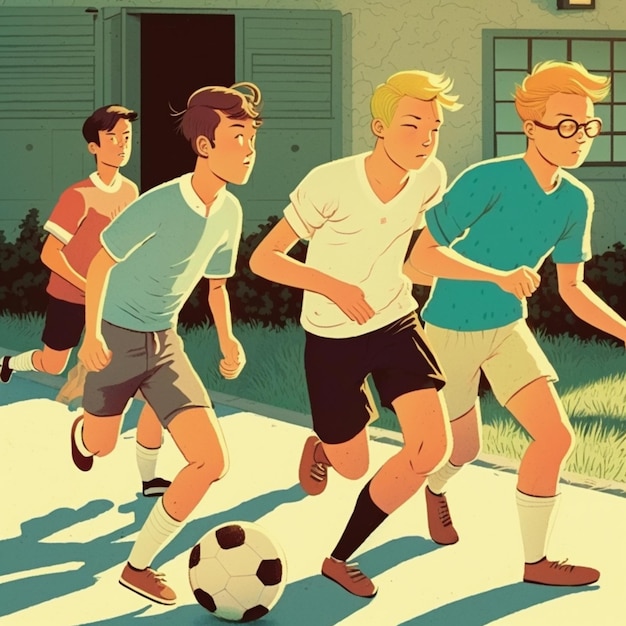 Foto een cartoon van jongens die voetballen voor een huis