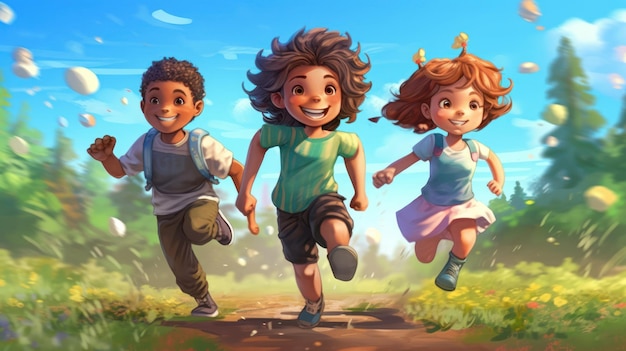 Een cartoon van kinderen die op een veld rennen