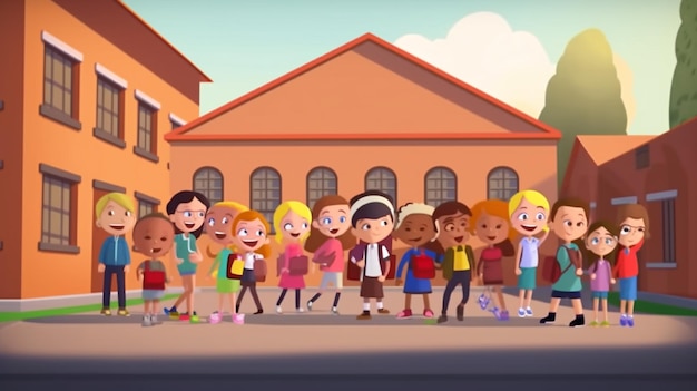 Een cartoon van kinderen die voor een schoolgebouw staan.