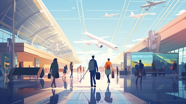 een cartoon van mensen die in een terminal lopen met vliegtuigen op de achtergrond