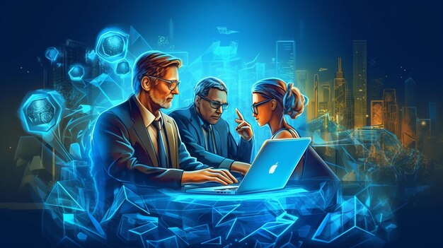Een cartoon van mensen die op een laptop werken