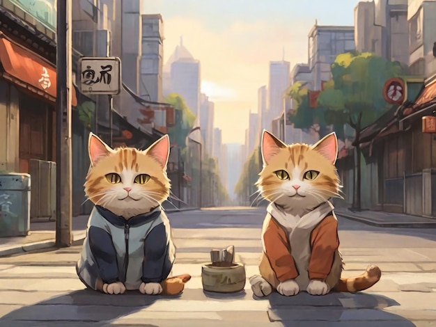 Een cartoon van twee katten die op een straat zitten met een bord dat zegt shibuya