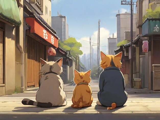 Een cartoon van twee katten die op een straat zitten met een bord dat zegt shibuya