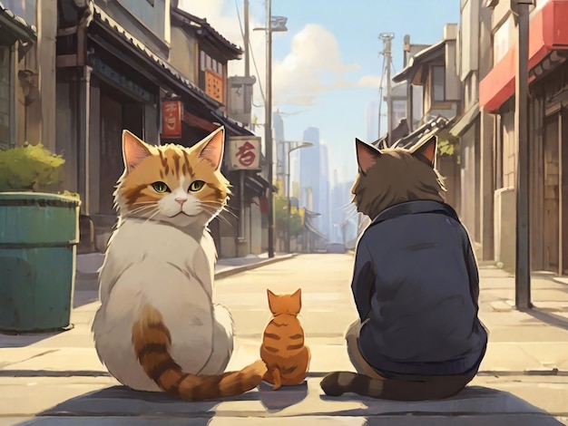 Een cartoon van twee katten die op een straat zitten met een bord dat zegt shibuya