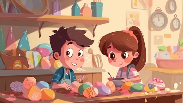 Een cartoon van twee kinderen die paaseieren schilderen in een keuken.