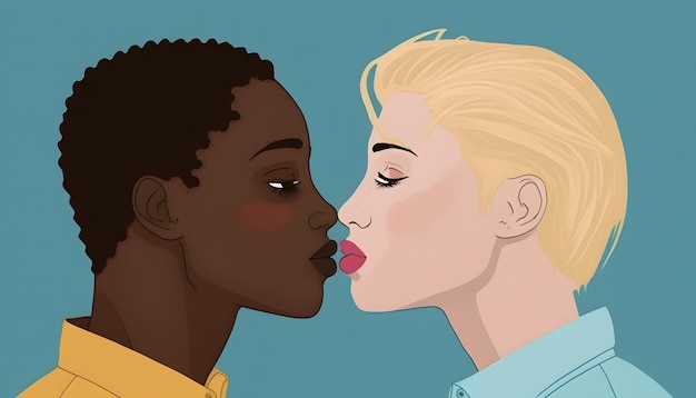 Een cartoon van twee kussende vrouwen op een blauwe achtergrond