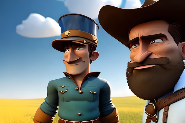 Een cartoon van twee mannen in een blauw topje en een blauwe hoed met het woord cowboy erop.