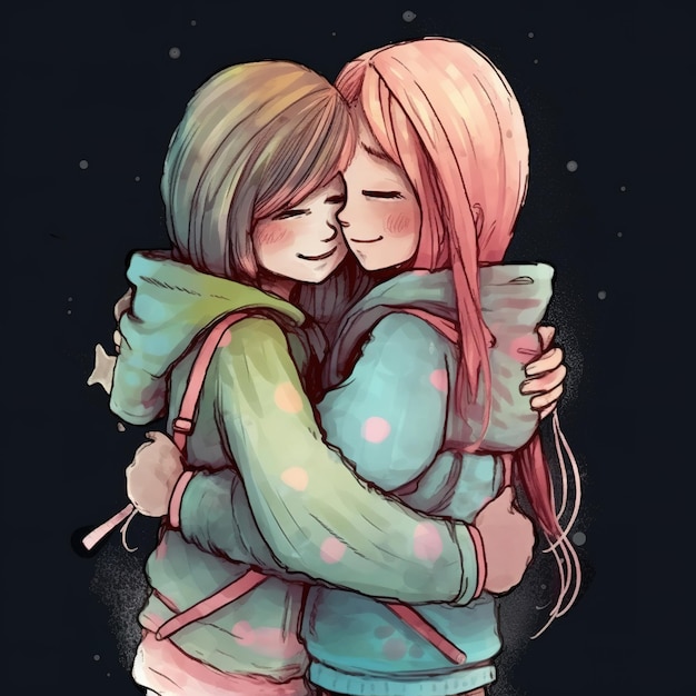 Een cartoon van twee meisjes die elkaar omhelzen, waarvan er één een blauw jasje draagt