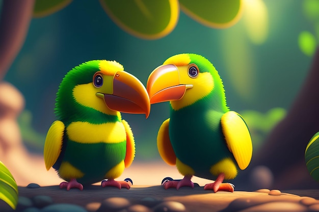 Een cartoon van twee papegaaien met het woord liefde op de voorkant.