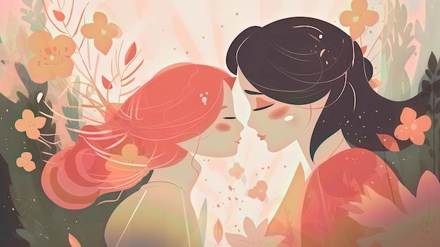 Een cartoon van twee vrouwen met roze haar en zwart haar, het woord liefde op de voorkant van de foto.