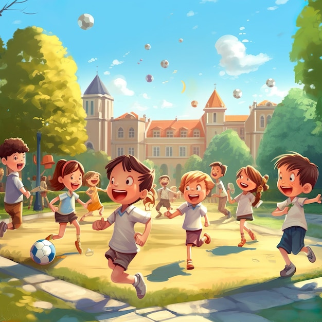 Een cartoon van voetballende kinderen in een park met een gebouw op de achtergrond