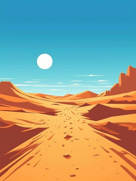 Een cartoon woestijn scène met een eenzame weg in het midden generatieve ai