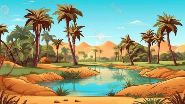 Een cartoon woestijnlandschap met palmbomen en een rivier generatieve ai