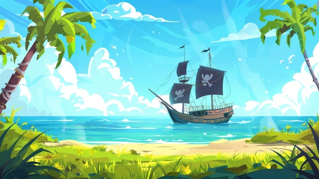Een cartoon zeegezicht van een piratenschip met zwarte vlag die hoog boven de oceaan of zee zweeft en groen gras met palmbomen en blauwe lucht met wolken bedekt. Een corsairboot bobt in de lagune bij het strand.