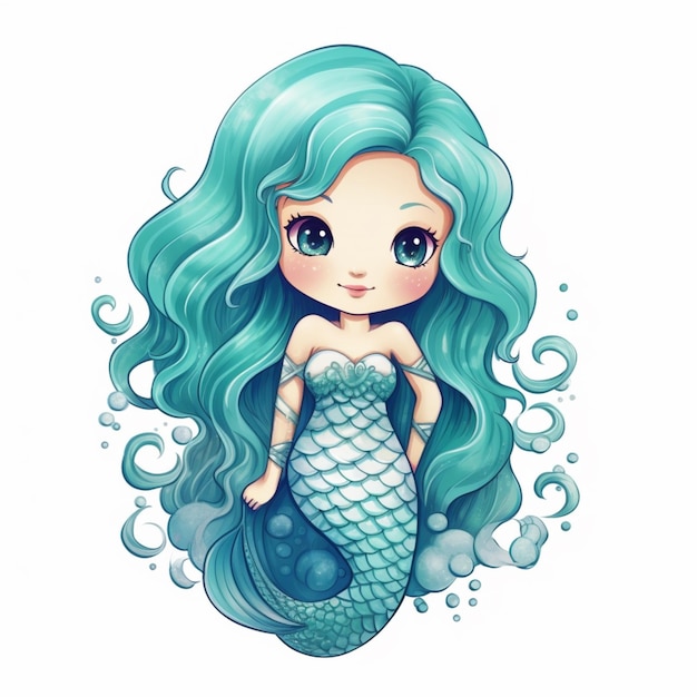 een cartoon zeemeermin met blauw haar en een groene staart generatieve ai