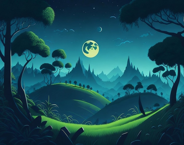 Een cartoon zomer scène met berg landschap bos en weide kusten illustratie AI gegenereerd
