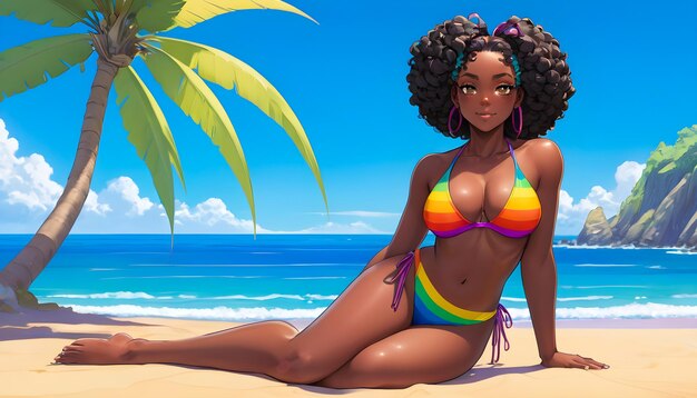 een cartoon zwarte vrouw in een bikini zit op het strand met een palmboom vakantie vakantie