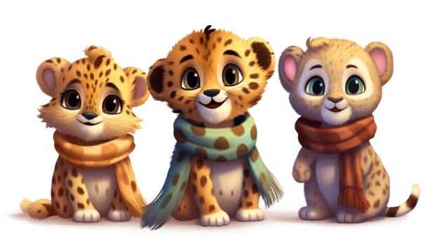 Foto een cartoonafbeelding van drie cheeta's die sjaals en een sjaal dragen.