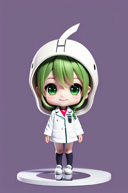 Een cartoonafbeelding van een arts die een witte jas draagt met mooie grote ogen anime-stijl 3D-modellering