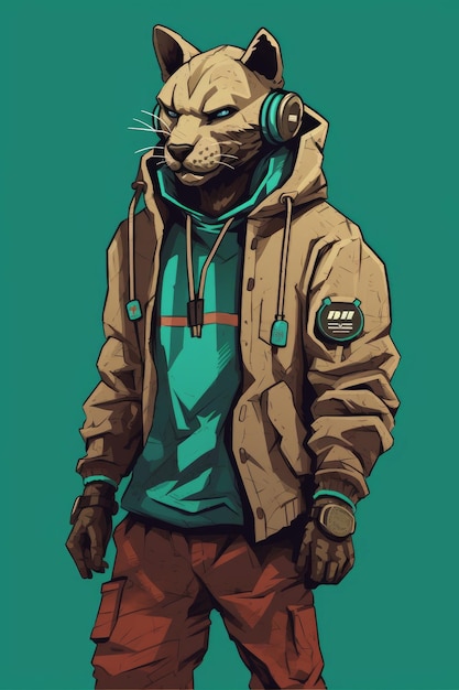 Een cartoonafbeelding van een cheetah die een jas en een hoodie draagt.