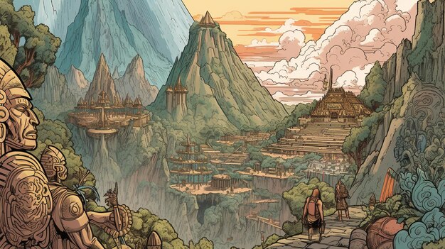 Een cartoonafbeelding van een dorp met een berg op de achtergrond.