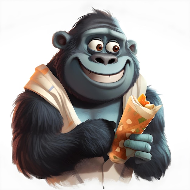 Een cartoonafbeelding van een gorilla die een zak kaas vasthoudt.