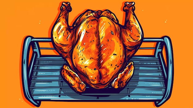 Een cartoonafbeelding van een kip die op een spoor zit.