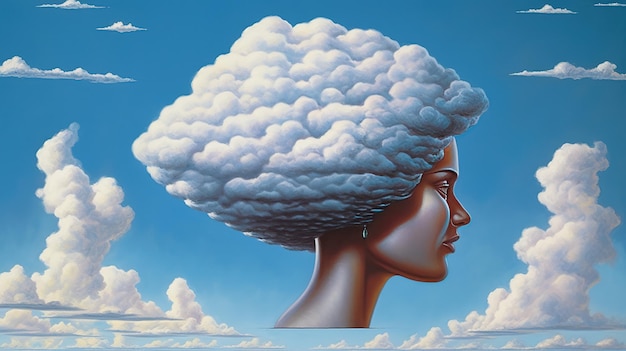 een cartoonafbeelding van het hoofd van een vrouw met daarop een wolk in de vorm van een