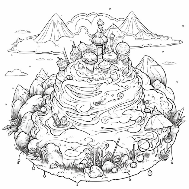 Een cartooncake met een kasteel erop omringd door planten generatieve ai
