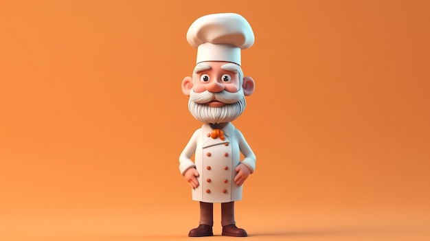 Een cartoonchef met een snor staat voor een oranje achtergrond.