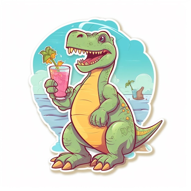 Een cartoondinosaurus die een cocktail vasthoudt met een rietje.