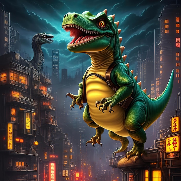 Een cartoondinosaurus met een chinees teken erop