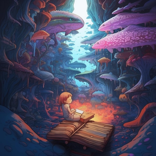 Een cartoonfoto van een meisje dat een boek leest in een paddenstoelwoud generatief ai