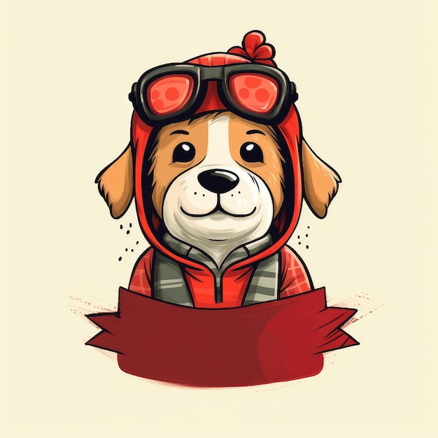 Een cartoonhond met een rode hoodie en een rode sjaal