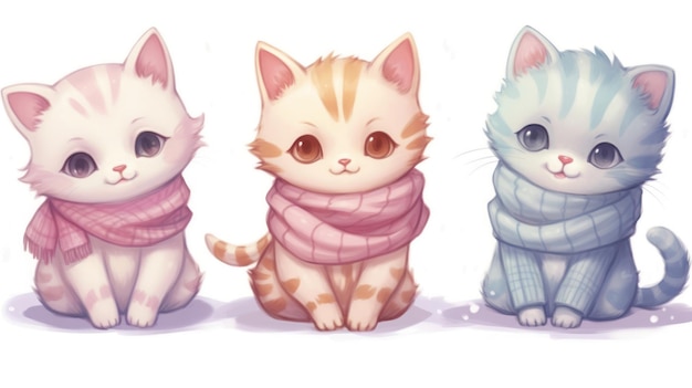 Een cartoonillustratie van drie katten die een trui dragen