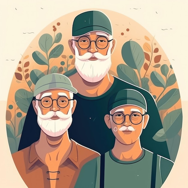 Een cartoonillustratie van drie mannen met een bril en een hoed.