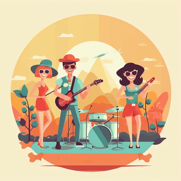 Een cartoonillustratie van een band die muziek speelt.