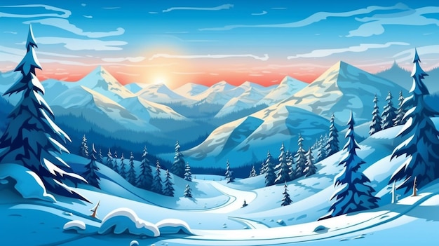 Een cartoonillustratie van een besneeuwd berglandschap met generatieve ai van pijnbomen