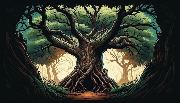 Een cartoonillustratie van een boom met het woord boom erop.