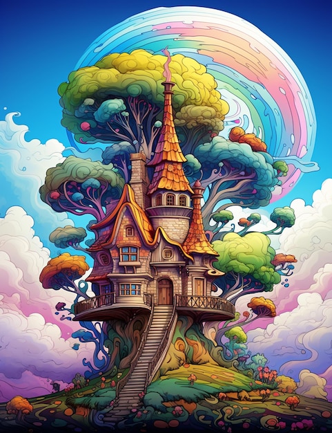 een cartoonillustratie van een boomhut met een regenboog aan de hemel generatieve ai